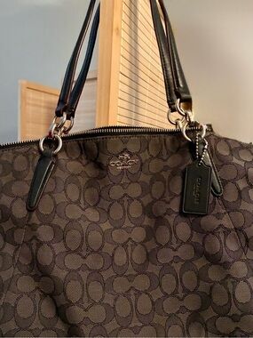 Coach Dark Brown Signature Jacquard Tote with Black Leather Trim